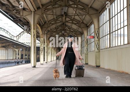 Junge süße Mädchen mit Hund und Koffer auf Plattform wartet auf Zug in rosa Mantel, am Bahnhof Vitebsk in St. Petersburg, Russland. Reisender Teenager mit Hund Stockfoto