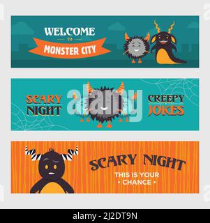 Moderne Banner-Designs mit pelzigen Monstern. Willkommen bei Monster City Banner für Party. Halloween und Feiertagskonzept. Vorlage für Werbebroschüre Stock Vektor