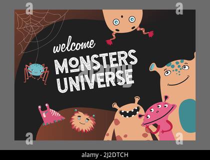 Monster Universum Seite Cover-Design. Niedliche lustige Kreaturen oder Tiere Vektor-Illustrationen mit Text. Show für Kinder Konzept für Poster oder Website backgr Stock Vektor