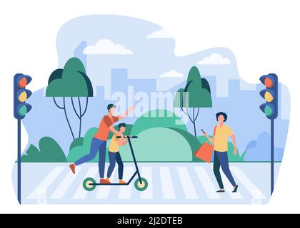 Fußgänger brechen Verkehrsregeln. Menschen mit Zelle, Reiten Roller auf Crosswalk flache Vektor-Illustration. Straßenverkehrssicherheit, Warnkonzept für Banner, Stock Vektor