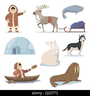 Alaska Elements und Happy Inuits Flat Set für Webdesign. Cartoon Eskimo Zeichen in traditioneller Kleidung und arktische Tiere isoliert Vektor illustrr Stock Vektor