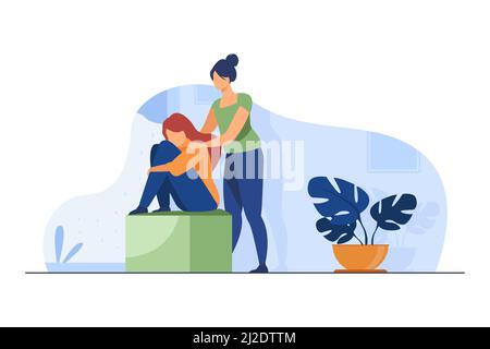 Frau tröstend depressive Freundin. Unterstützung für die verärgerte Mate-Vektor-Illustration. Freundschaft, Depression, Hilfekonzept für Banner, Website des Stock Vektor