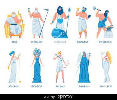 Alte griechische Götter und Göttinnen eingestellt. Zeus, Dionysos, Artemis, Hephaestus, Chronos, Atropos, Gorgon, Nemesis, Aphrodite, Poseidon. Vektorgrafik Stock Vektor