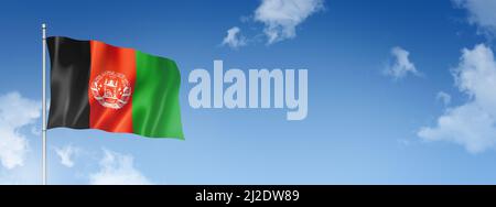 Afghanistanflagge, dreidimensional gerendert, isoliert auf einem blauen Himmel. Horizontales Banner. 3D Abbildung Stockfoto