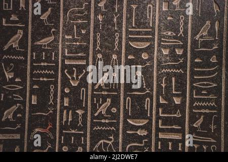 Alte ägyptische Platten und Wände tragen Hieroglyphen im Ägyptischen Museum in Kairo Stockfoto