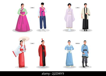 Asiatische traditionelle Kostüme Set. Alte weibliche Kimonos, männliche Kleidung, japanische, chinesische, vietnamesische, koreanische nationale Kleidung. Vektorgrafik für EIN Stock Vektor