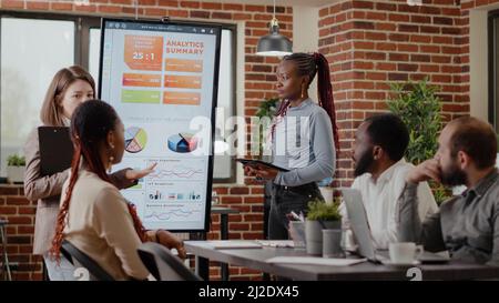Geschäftsleute, die über Geschäftsstrategie und -Projekt sprechen, verwenden Analysen auf dem Monitor bei der Finanzpräsentation. Frauen sprechen mit Kollegen über Unternehmensentwicklung und Wachstum. Stockfoto