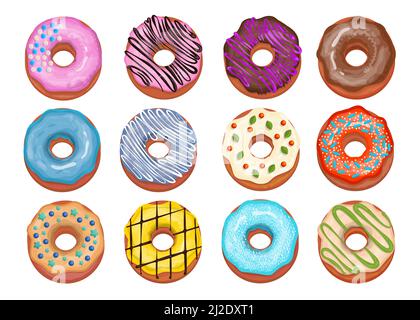Verschiedene Donuts Kollektion. Draufsicht auf süße Donuts mit blauer, schokoladenblauer, Erdbeereisung. Flache Vektorgrafik für Dessert, Kuchen, süße Speisen Stock Vektor