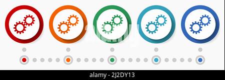 Technologie, Industrie, Zahnräder Konzept Vektor-Icon-Set, flaches Design bunte Tasten, Infografik Vorlage in 5 Farboptionen Stock Vektor
