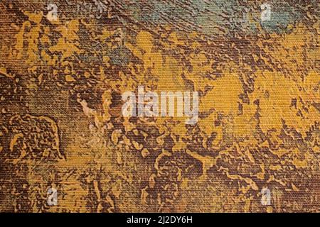 Abstrakte Kunst Hintergrund dunkelbraun und orange Farben. Aquarellmalerei auf Leinwand mit rostigem Farbverlauf. Fragment der Kunstwerke auf Papier Stockfoto