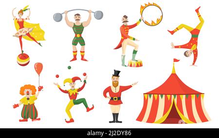 Fröhliche Zirkus Charakter und Darsteller Flat Set für Web-Design. Cartoon acrobat, Clown, Jongleur strongman isoliert Vektor Illustration Sammlung. C Stock Vektor