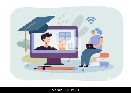 Fröhliche Frau, die im Internet studiert, sich ein Webinar am Computer ansieht, an einem Online-Kurs teilnimmt. Vektor-Illustration für Wissen, Bildung, Distanz lernen Stock Vektor
