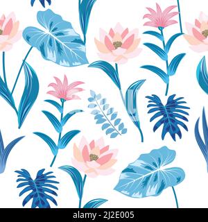 Blaues und rosafarbenes nahtloses Vektor-Muster aus exotischen Dschungelpflanzen, tropischen Palmblättern und Blumen. Stock Vektor