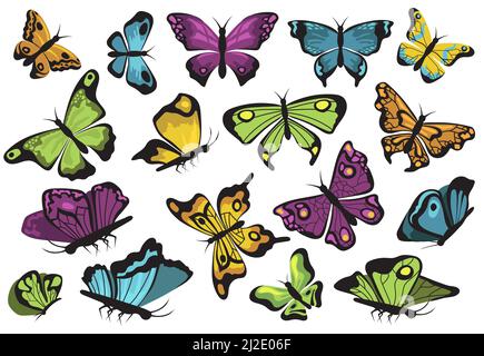 Bunte Schmetterlinge Set. Schöne Motten mit großen bunten Flügeln isoliert auf weiß. Vektor Illustrationen Kollektion für Tattoo Vorlagen, wildlif Stock Vektor