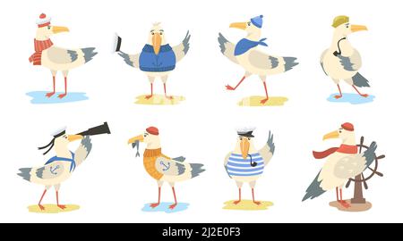Cartoon Möwe Set. Verschiedene Aktionen von Vögeln tragen Matrosen Kostüme und Hüte. Vektor-Illustration für Cartoon Möwe, marine Charakter, Segeln, trav Stock Vektor