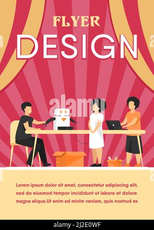 Kinder, die Cyborg im Robotikunterricht vorführen. Kinder zeigen Roboter Lehrer. Vektor-Illustration für Bildung, Robotertechnik, Schulprojekt Stock Vektor