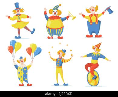 Set mit niedlichen Clowns. Zirkus- und Karnevalsdarsteller tanzen, jonglieren, auf dem Monocycle reiten. Vektorgrafiken für Unterhaltung, Spaß, Urlaubskonzept Stock Vektor