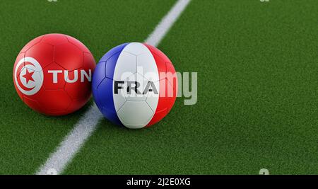 Frankreich gegen Tunesien Fußballspiel - Fußballbälle in Frankreich und Tunesien Nationalfarben. 3D Rendering Stockfoto