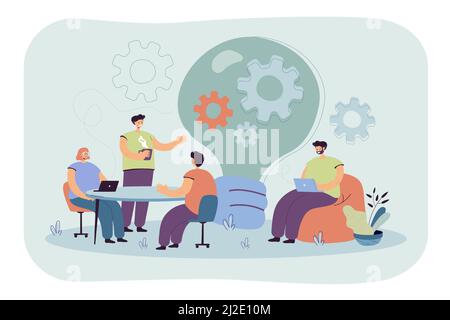 Kreative Büromitarbeiter diskutieren Ideen im Team isoliert flache Vektor-Illustration. Zeichentrickfilme, die am Schreibtisch sitzen, sich treffen, Brainstorming und Coworki Stock Vektor