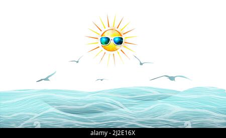 Horizontale Meereswellen im Hintergrund mit fliegenden Möwen und mit der Sonne. Vektorgrafik Stock Vektor