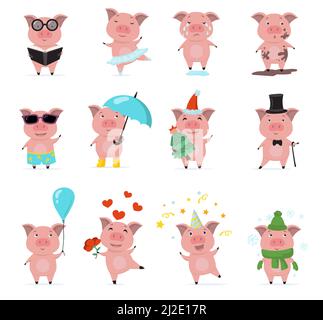 Niedliche Piggy Zeichen flach Set für Web-Design. Cartoon lustige kleine Schweine posieren, lesen, tanzen und weinen isoliert Vektor-Illustration Sammlung. Stock Vektor