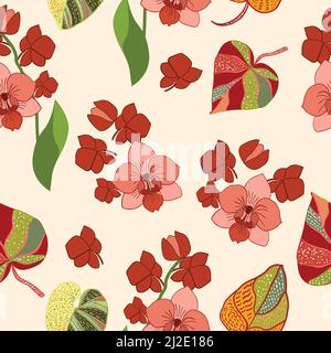 Dekoratives Vektor-Nahtloses Muster mit hellen Blättern aus Monstera und Blumen. Tropischer Hintergrund, Dschungel Tapete. Stock Vektor