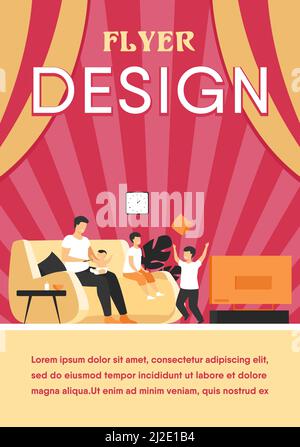 Familie und Elternschaft Konzept. Cartoon Vater Fütterung jüngsten Sohn im TV im Wohnzimmer, während andere Jungen spielen zusammen. Vektorgrafik Stock Vektor