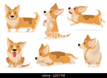 Freundliches Corgi Set. Cartoon Haustier zum Ausdruck bringen verschiedene Emotionen, Comic Welpe Hund schlafen, laufen, sitzen. Vektor-Illustration für Tierpflege, häusliche Stock Vektor