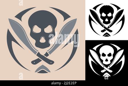 Menschlicher Schädel mit gekreuzten Machete-Messern. Piratensymbol von Räubern und Banditen. Vektor auf weißem Hintergrund isoliert Stock Vektor