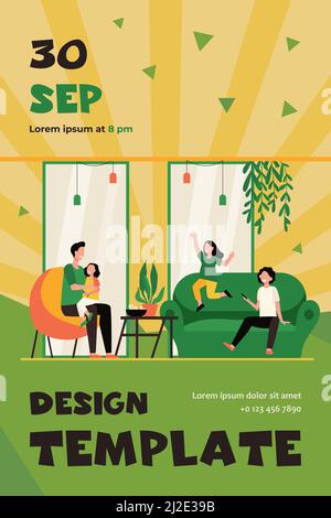 Vater unterhaltsam drei Kinder zu Hause. Glückliche Kinder spielen Spiele und Spaß mit ihrem Vater. Flache Vektordarstellung für alleinerziehende Eltern, Familie Stock Vektor