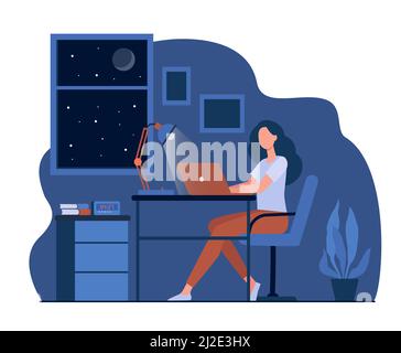 Weibliche Designerin arbeitet spät im Zimmer flache Vektor-Illustration. Cartoon Student mit Laptop-Computer in der Nacht und sitzen am Schreibtisch. Heimbüro und Wor Stock Vektor