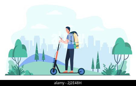 Glücklich lächelnden Mann Reiten Kick Scooter auf Bürgersteig flache Vektor-Illustration. Cartoon Hipster mit Elektroroller. Elektrischer Personentransport Stock Vektor