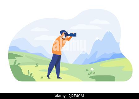 Glücklich Reise Fotograf Aufnahme Bild der Natur isoliert flache Vektor-Illustration. Cartoon-Figur schießen Berge vor der Kamera. Fotografie und Stock Vektor