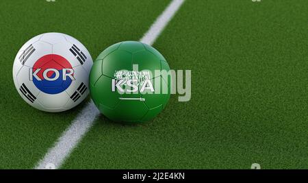 Saudi-Arabien gegen Südkorea Fußballspiel - Fußballbälle in Saudi-Arabien und Südkorea Nationalfarben. 3D Rendering Stockfoto