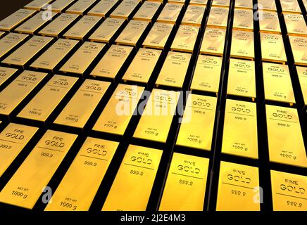 Goldene Nuggets, die auf einem dunklen Hintergrund angeordnet sind Stockfoto