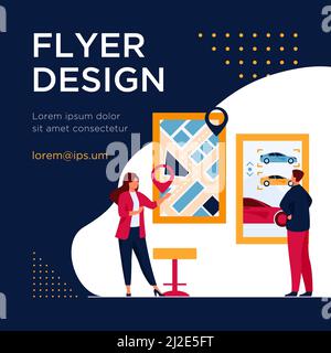 Mann, der sich ein Auto mietet. Car-Sharing-App, Stadtplan mit Zeigern. Berater flache Vektor-Illustration. Transport, Stadtverkehr Konzept für Banner, Web Stock Vektor