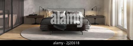 Modernes Schlafzimmer mit Glasabtrennung, das das Schlafzimmer vom Badezimmer trennt. Webbanner. Bett mit Nachttisch. 3D Rendering-Illustration. Stockfoto