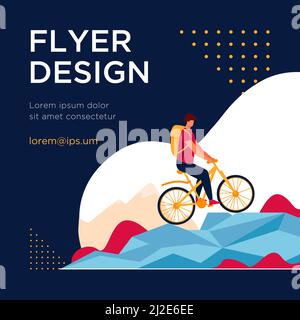 Mann mit dem Mountainbike. Tourist, Natur, Rucksack flache Vektor-Illustration. Aktives Lifestyle- und Extremsportkonzept für Banner, Website de Stock Vektor