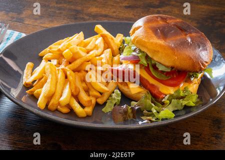 Leckerer Lachsburger mit Pommes auf einem Teller Stockfoto