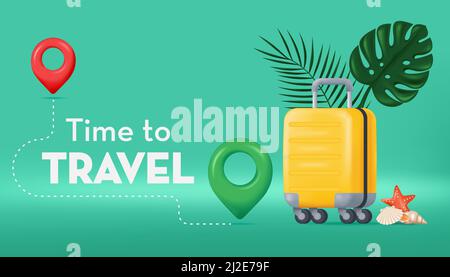 Time to travel Concept Banner mit Koffer, tropischen Blättern und gps-Punkt. Realistische Vektor-Illustration in 3D Cartoon minimal Stil Stock Vektor