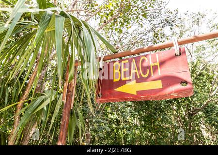 Schild mit der Aufschrift Strand und ein Pfeil nach links weist Touristen an die nächste Küste in tropischen Ziel. Stockfoto