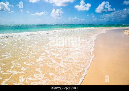 Schöner Strand mit sauberem Sand und kristallklarem Wasser, türkisfarbenem Meer und blauem Himmel in einem Traumurlaubsziel. Stockfoto