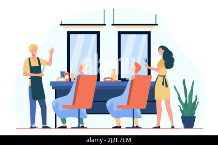 Mann sitzt in Stuhl in Friseurladen isoliert flache Vektor-Illustration. Cartoon Friseure machen Frisur für Kunden. Friseursalon und Mode Stock Vektor