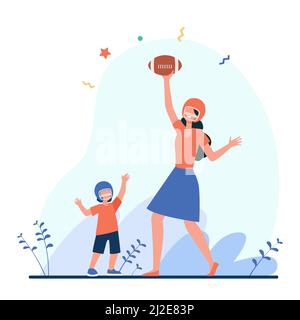 Mutter und Sohn spielen Fußball. Mutter und Kind in Helmen werfen und fangen Ball flache Vektor-Illustration. Mutterschaft, Familie, Aktivitätskonzept für Stock Vektor