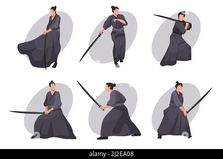 Samurai Zeichentrickfigur gesetzt. Japanischer Ritter, Krieger in schwarzem Kimono mit Katana-Schwert. Vektor-Illustration für Asien, Kultur, Kampfkonzept Stock Vektor