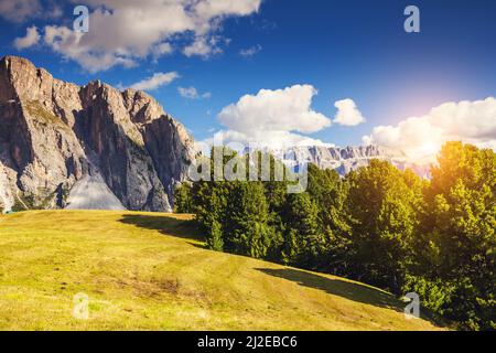 Toller Blick auf den Pizes de Cir Kamm, Grödnertal. Nationalpark Dolomiten, Südtirol. Lage Dorf St. Ulrich, St. Christina und Wolkensteinwald, I Stockfoto