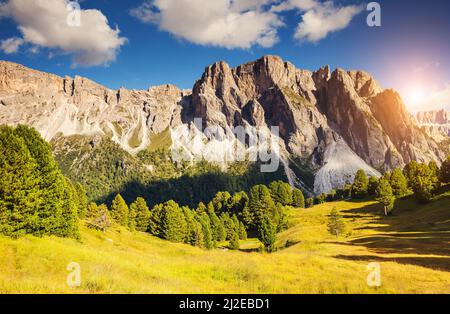 Toller Blick auf den Pizes de Cir Kamm, Grödnertal. Nationalpark Dolomiten, Südtirol. Lage Dorf St. Ulrich, St. Christina und Wolkensteinwald, I Stockfoto