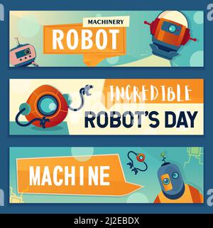 Banner für Robotercharaktere gesetzt. Roboter, Cyborgs, elektronische Assistenten Vektor-Illustrationen mit Text. Robotik und Maschinenkonzept für Flyer und b Stock Vektor