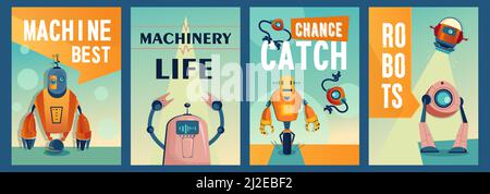 Poster für Roboterfiguren. Roboter, Cyborgs, elektronische Assistenten Vektor-Illustrationen mit Text. Robotik und Maschinenkonzept für Flyer und b Stock Vektor