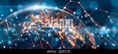 Abstrakter Plexus im Raum. Planet Erde im Hintergrund, Wirtschaft und Wirtschaft in der Welt. 3D Rendern. Stockfoto